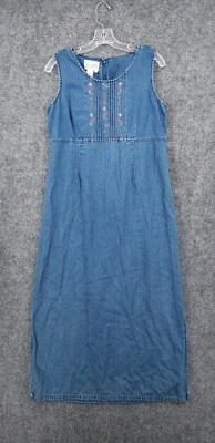 VINTAGE Karin Stevens Denim Dress Womens 10 Blue Embroidered Floral Maxi - Image 1 of 4
