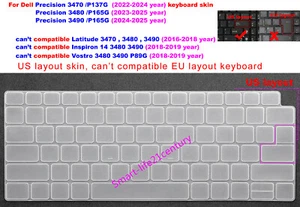 US Keyboard Skin Cover For Dell Precision 3470 P137G 3480 3490 P165G laptop - Picture 1 of 6
