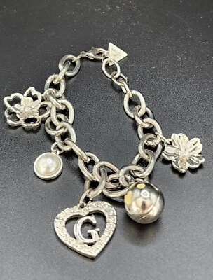 Guess Silvertone Charm Bracelet Heart G Rhinestone Fancy Flowers faux Pearl - Image 1 of 4