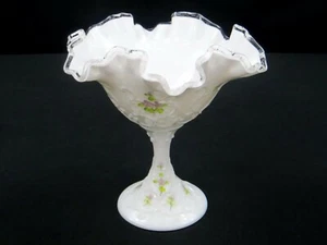 Fenton Silver Crest Milk Glass Spanish Lace Violets In The Snow Pedestal Dish  - Picture 1 of 6