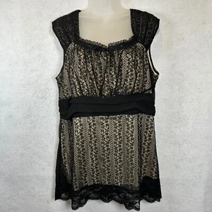 Fashion Bug Blouse Womens 14/16 Black Beige Cottagecore Lace Y2K Vintage Tank - Picture 1 of 6