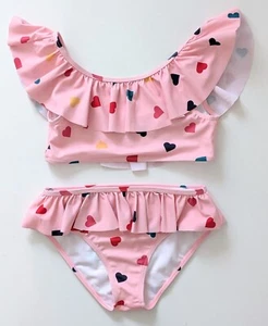 Janie And Jack Girls 2pc Ruffle Bikini Swimsuit Set Candy Pink Hearts Size 12 - Picture 1 of 13