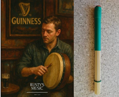RUSTYS MUSIC Bodhran Brush 9",Tipper, Beater, Stick, In Green, Hand Made.