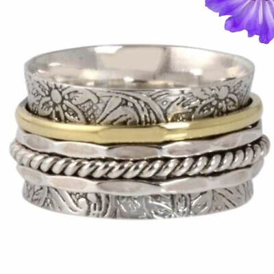 Two Tone Spinner Ring 925 Sterling Silver Handmade Jewelry Ring Gift For Her - Image 1 of 4