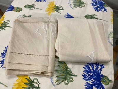 Lot 2 Draps Metis Fleur Bleue Pur Lin Avec Initiales Ajouré Coupon Tissu Couture - Photo 1/4