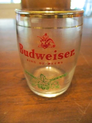 1 Vintage Budweiser King of Beers gold trim small barrel sampler 3'' glasses - Image 1 of 4