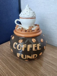 Ceramic Lidded Novelty Jar "Coffee Fund" Money Holder Trinket Jar Brown & Tan - Picture 1 of 13