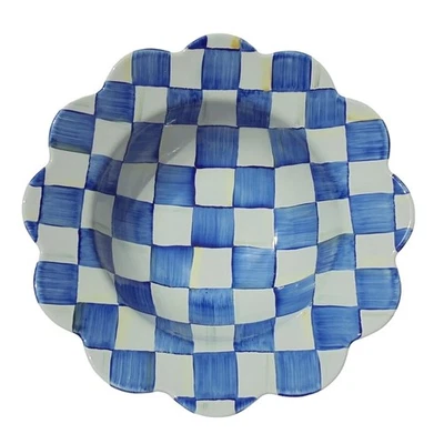 MACKENZIE-CHILDS Royal Check Enamel Petal Serving Bowl Hand Painted Blue NEW - Image 1 of 3