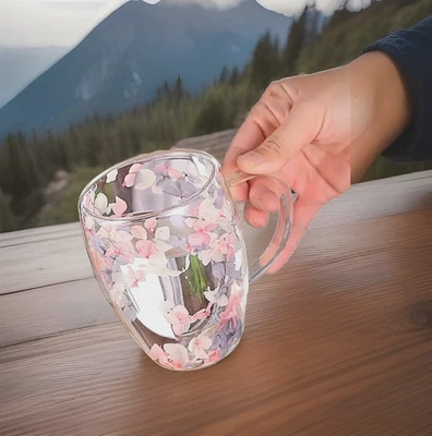 Taza de café de doble pared de vidrio rosa flores taza de café Foto 1 de 4