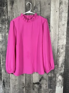J Crew Long Sleeve Ruffle Neck Top in 365 Crepe XXL Bright Neon Pink - Picture 1 of 5