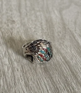 VTG Sterling Silver Carved Crushed Turquoise Coral Navajo Bald Eagle Sz 9 - Picture 1 of 22