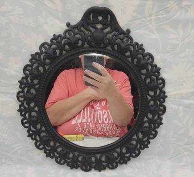 Vintage Black ornate cast wrought iron Mirror 12" Victorian Revival gothic - Image 1 of 4