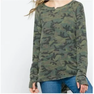 Michael Stars Women Medium Top Terra Brushed Knit Blouse Long Sleeve Camo Green - Picture 1 of 9