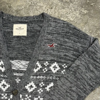 Y2K Hollister Women’s Vintage Fair Isle Knit Button Grey White Cardigan Small - Image 1 of 4