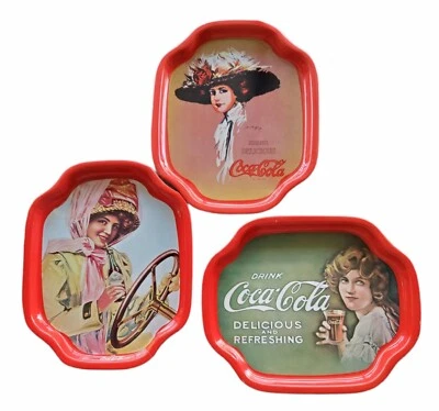 Vintage Graphic Design Coca Cola Trays Set Of 3 Made In Hong Kong 6” x 7.5” Red  - Image 1 of 4
