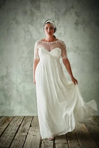 DAVID'S BRIDAL Chiffon Wedding Dress SZ 16W Illusion Bodice & Sleeves WG3749 NWT - Picture 1 of 24