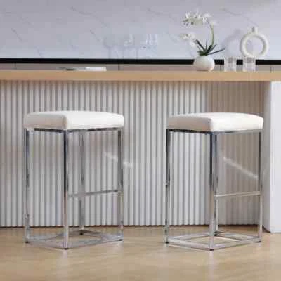 White Linen Counter Height Bar Stools, Backless Upholstered for Kitchen/Bar Pub - Image 1 of 4