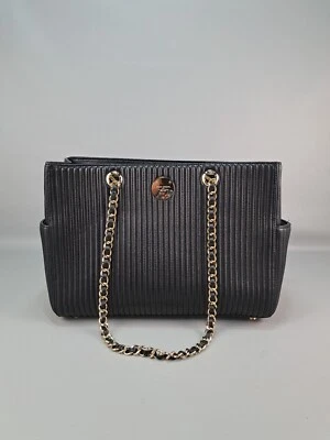 Henri Bendel No 7 Black Leather Tote Bag Quilted Vertical Chain E/W East West  - Image 1 of 4