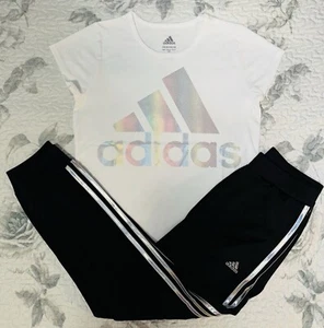 Girls Adidas White/Iridescent T-Shirt & Black/Iridescent Pants Sz/ Large (14) - Picture 1 of 9