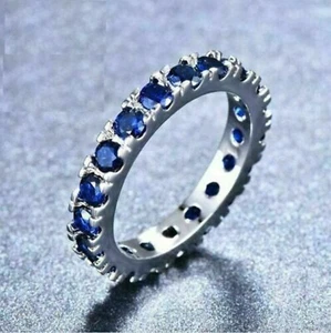 2Ct Round Cut Blue Diamond Full Eternity Wedding Band Ring 14K White Gold Finish - Picture 1 of 7