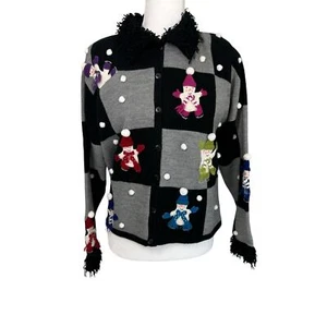 Vintage Karen Scott Snowman Skater Sweater Cardigan Size Petite Large Christmas - Picture 1 of 8