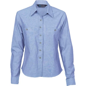 DNC workwear Ladies Cotton Blue Chambray Long Sleeve Shirt Box Pleat on th Back - Picture 1 of 1