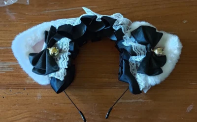 Gothic Lolita Lace Cat Ear Cosplay Headband w/Bells & Bow Black&White *US SELLER - Image 1 of 2