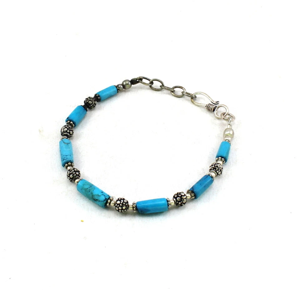 Edelstein Armband Natur Blau Türkis Edelstein Perlen Handarbeit Schmuck - Bild 1 von 1