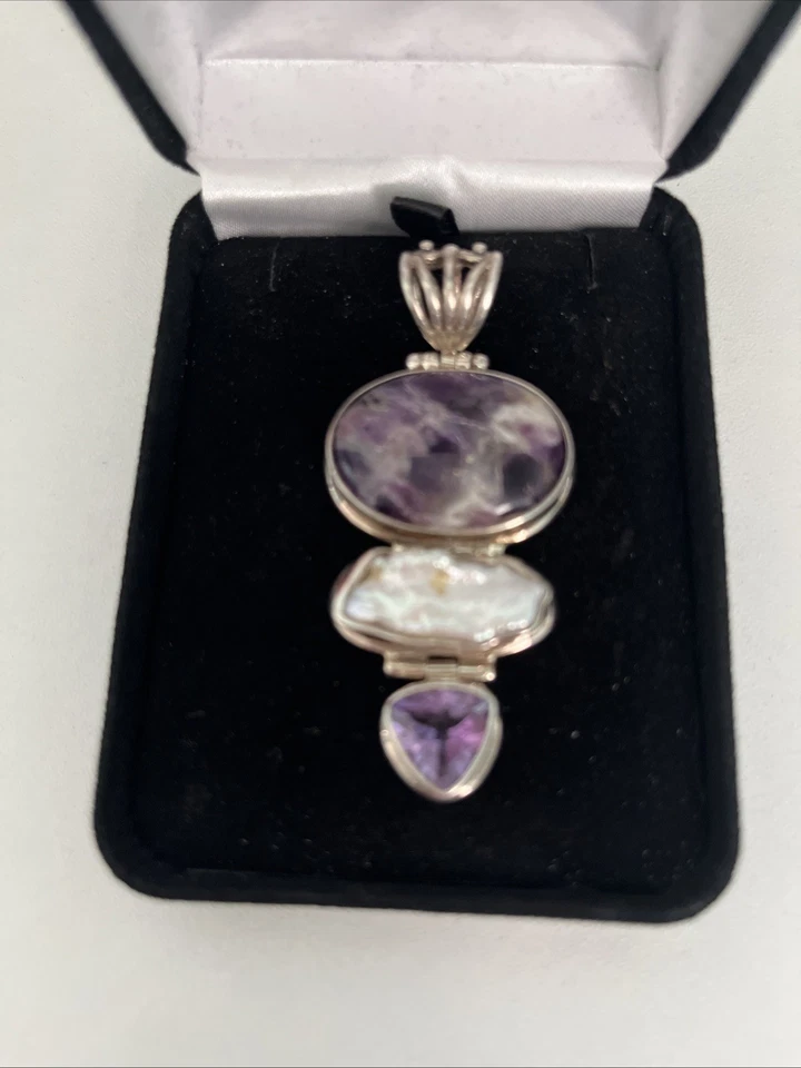Juego colgante grande de piedra de luna de carro y amatista en plata 925 Foto 1 de 4