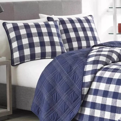 Eddie Bauer  Lakehouse Plaid Check Navy Blue & White  Cotton TWIN Quilt SET - Image 1 of 2