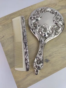 2Pce Vintage Silver Plated Mirror & Comb Vanity Dresser Set Wedding Art Deco - Picture 1 of 8