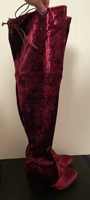Over The Knee Boots Women’s Maroon Velvet High Heels Tie Zip Costume Size 6.5 - image 1 of 4
