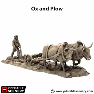 Buey y Arado Fantasía Granja Pueblo Medieval Accesorios Escala 32mm Pequeño Terreno Dispersión - Imagen 1 de 6