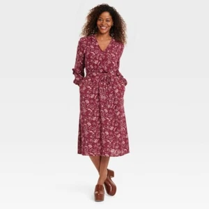 Knox Rose Faux-Wrap Dress Women X-Small Long Sleeve Belted Pockets Textured Red - Picture 1 of 9