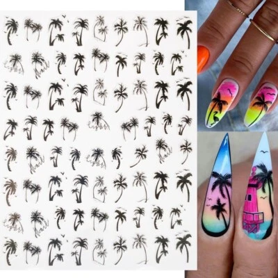 NAIL STICKERS FLOWERS TULIPS Nail Art Sticker Transfers Aufkleber schwarz tropische Palmen Urlaub Blatt HAN433