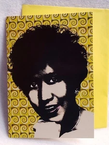 Tarjeta de felicitación de arte pop de Aretha Franklin reina del soul amarilla env David Knopov - Imagen 1 de 7