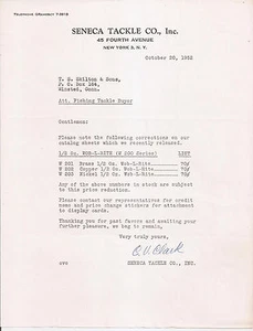 Senica Co. 1952 1 pieza original Catálogo de pesca de anuncios folletos con carta firmada lista de precios. - Imagen 1 de 1