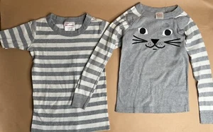 Lot Of 2 Hanna Andersson Pajama Tops Kitty Cat Face And Gray Stripe Sz 120 6/7 - Picture 1 of 3
