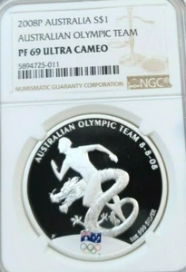 2008 AUSTRALIA SILVER DOLLAR S$1 AUSTRALIAN OLYMPIC TEAM NGC PF 69 ULTRA CAMEO - Picture 1 of 4