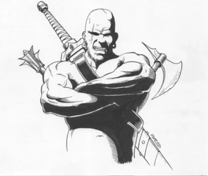Original RPG Art by Fred "Phred" Rawles; Muscular Warrior with Sword Mace Axe - Bild 1 von 1