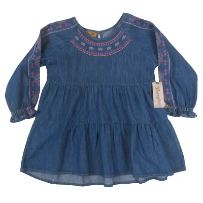 NEW Wrangler Tunic Top Youth Girls L Blue Long Sleeve Tiered Embroidered Denim - Image 1 of 4