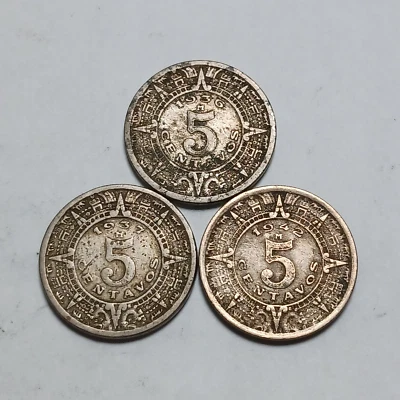Lot of 3x Mexico 5 Centavos - 1936, 1937 and 1942 - Vintage Mexican Coinage - Image 1 of 2