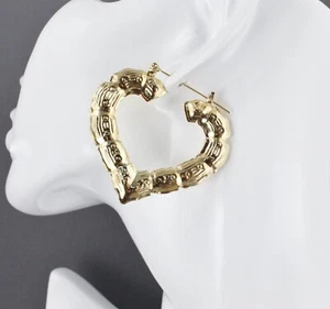 gold heart hoops earrings bamboo door knocker hoop hollow metal 1 7/8" wide - Picture 1 of 9