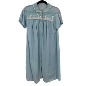 Vintage Philmaid Baby Blue Floral Lace Short Sleeve Nightgown Button Front Large - Picture 1 of 8