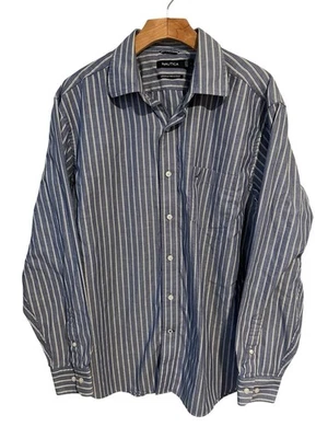 Nautica Button Down Shirt Mens Size Large Indigo White Stripe Long Sleeve Pocket - Image 1 of 4