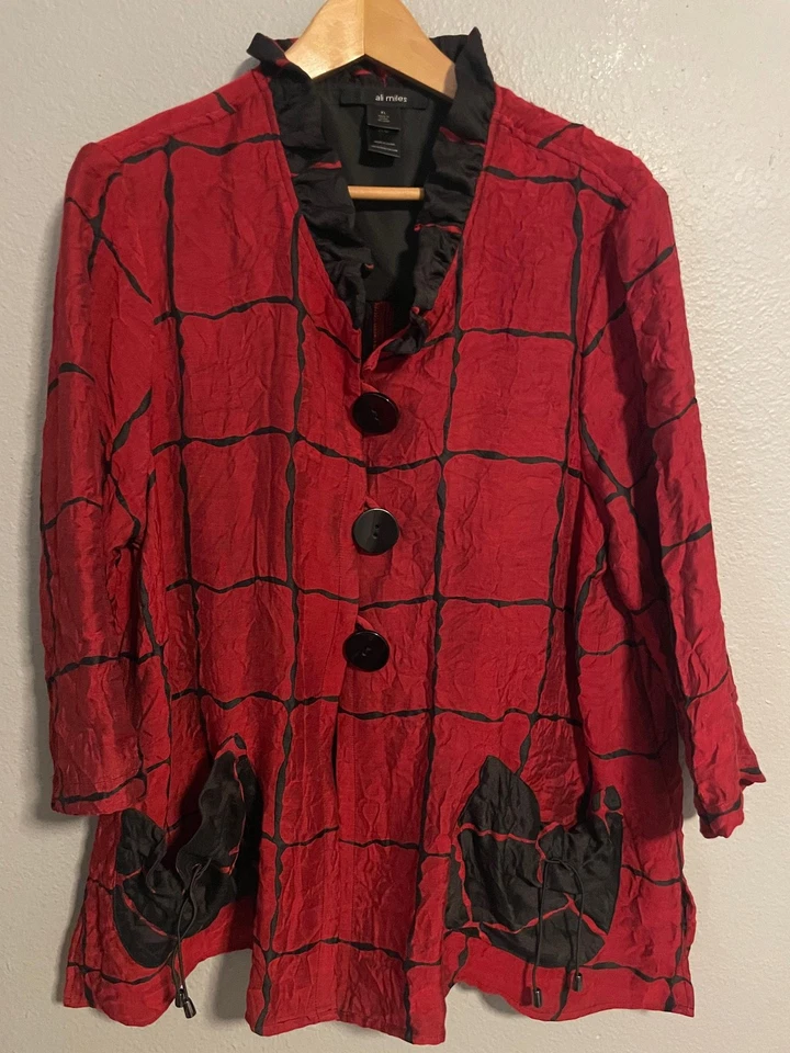 Chaqueta Ali Miles Mujer XL Roja Negra Arrugada Ventana Abotonada Ligera Foto 1 de 4