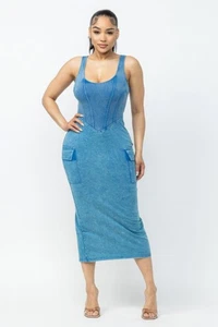 Vestido midi cargo lavado ácido para mujer - Imagen 1 de 6