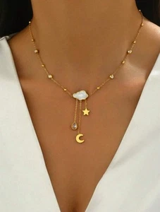 Dainty 18K Gold Plated Cloud, Moon & Star Necklace – Cubic Zirconia - Picture 1 of 4