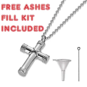 CREMATION MEMORIAL CROSS URN FREE ASHES FILL KIT Pendant On 925 Silver 22" Chain - Picture 1 of 8