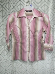 Essentials Shirt Size S Pink Striped Button Front Collar 3/4 Sleeve Career Work - Picture 1 of 3